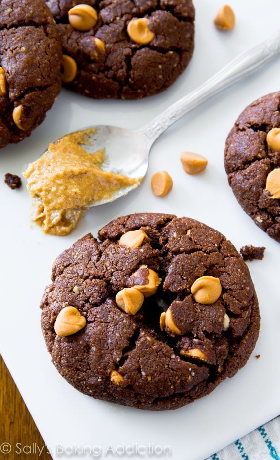 flourless peanut butter brownie cookies on a white serving tray with a spoonful of peanut butter