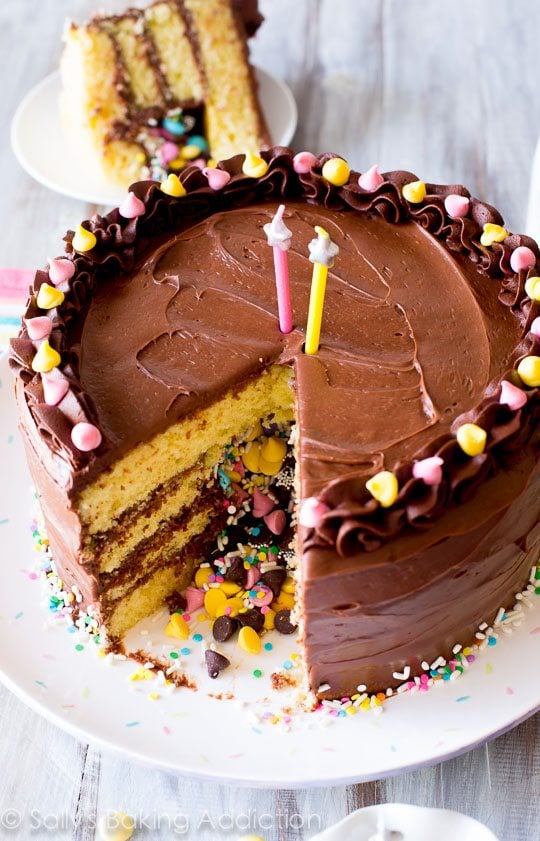 piñata cake on a white serving plate with a slice removed showing the candy center