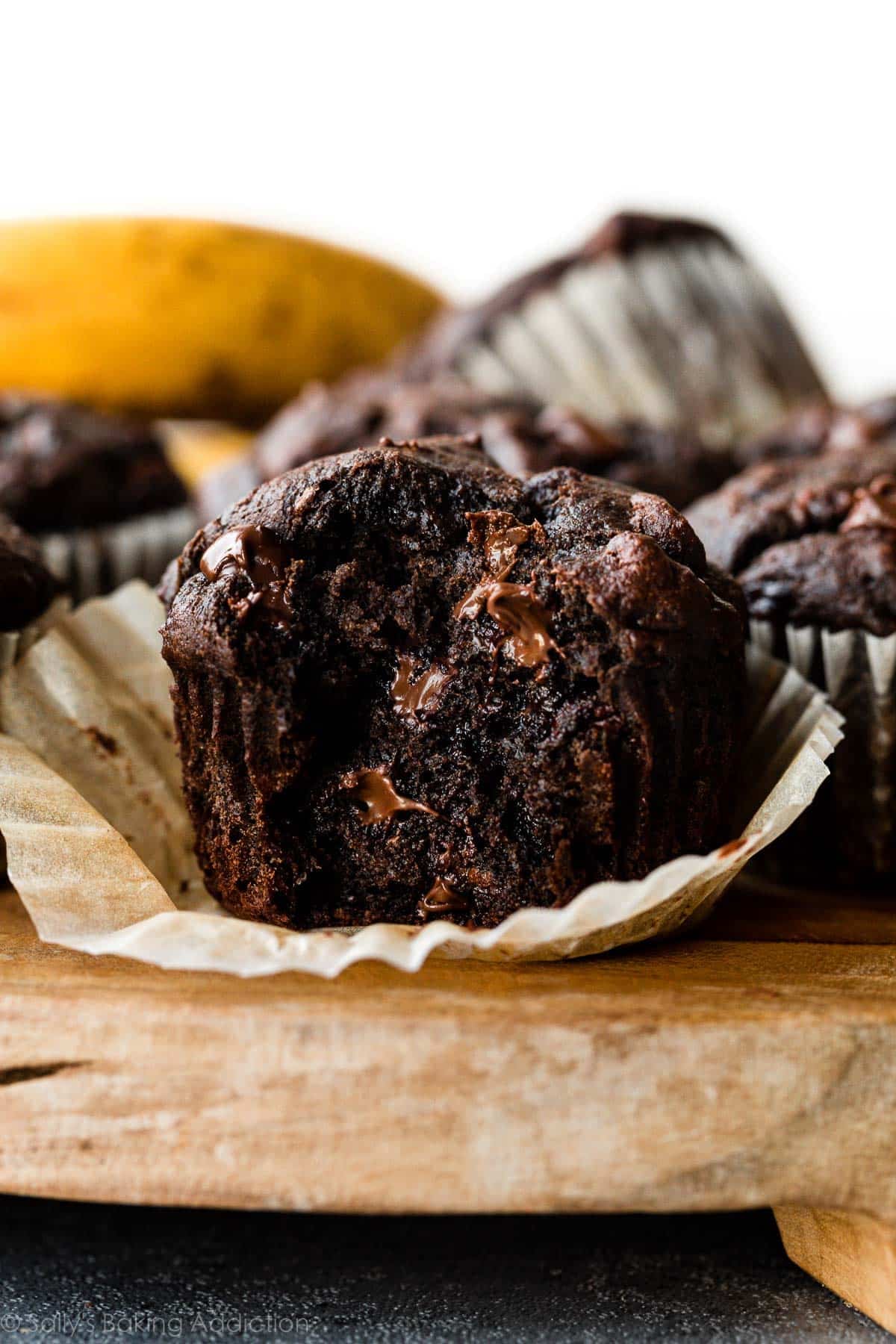 double chocolate banana muffin up close showing center.