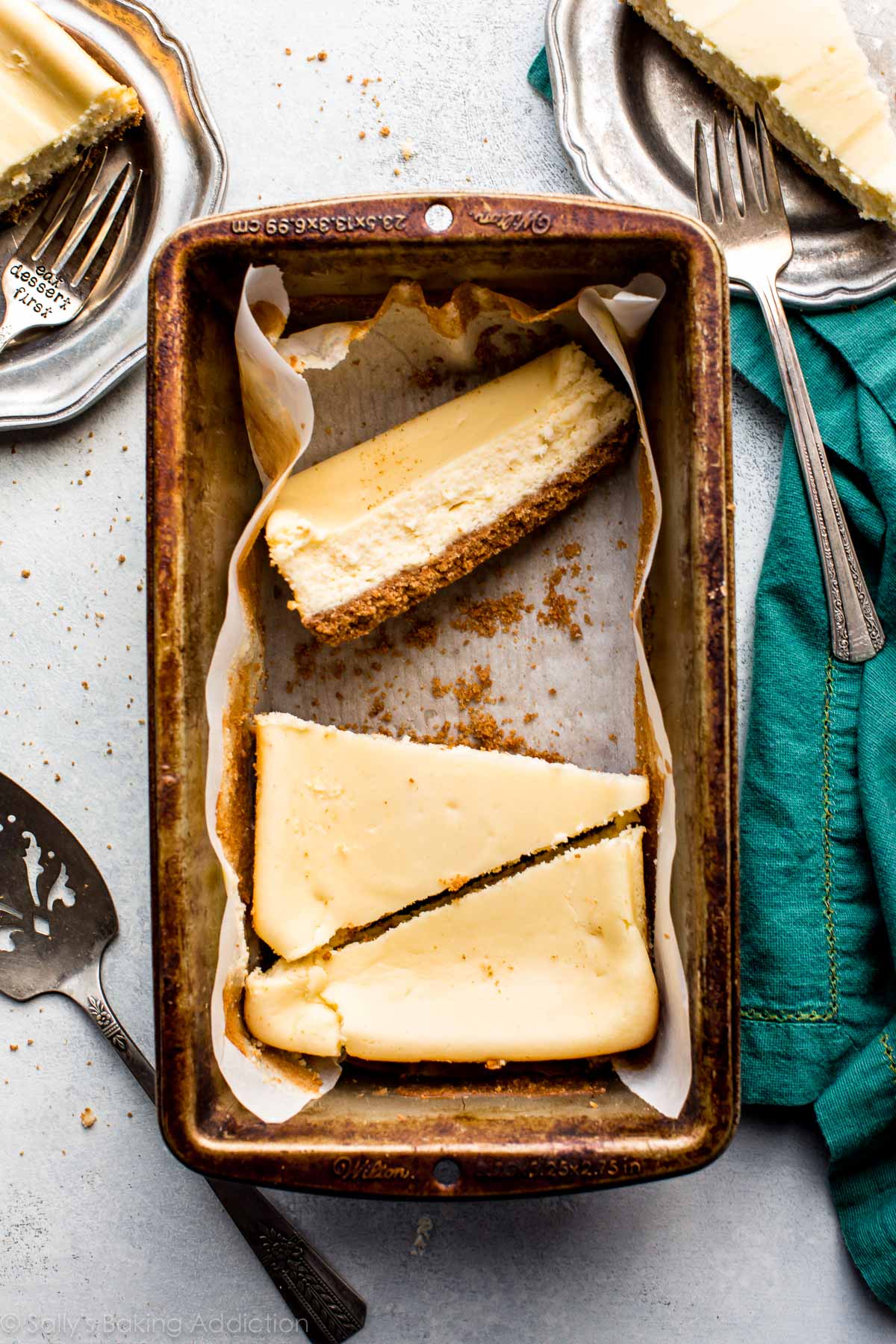 cheesecake in a loaf pan cut into slices