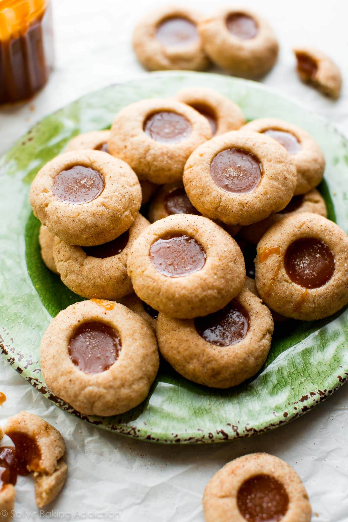 caramel apple spice thumbprints on a green plate