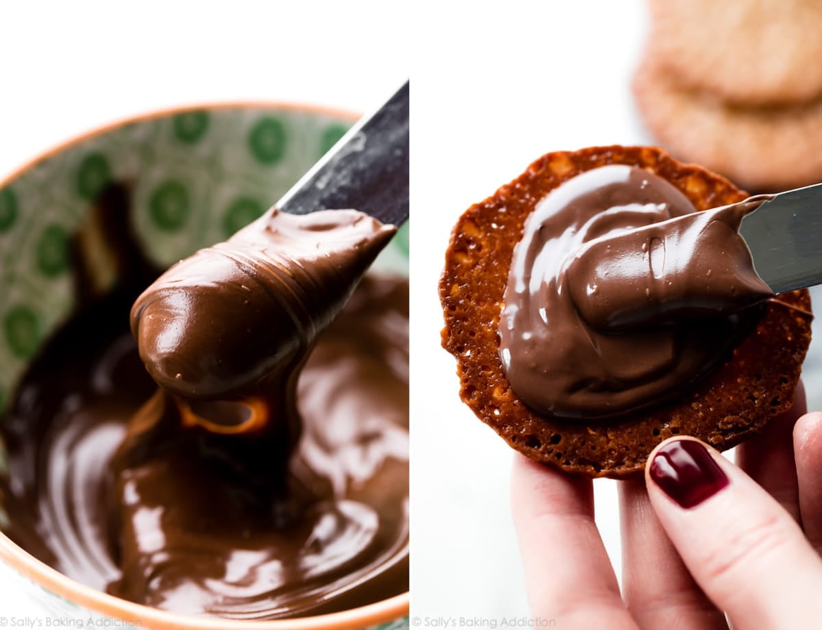 Spreading Nutella filling onto lace cookies
