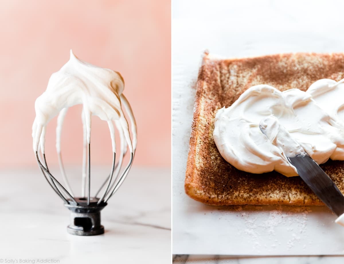 2 images of champagne whipped cream on a whisk attachment and spreading whipped cream onto the sponge cake