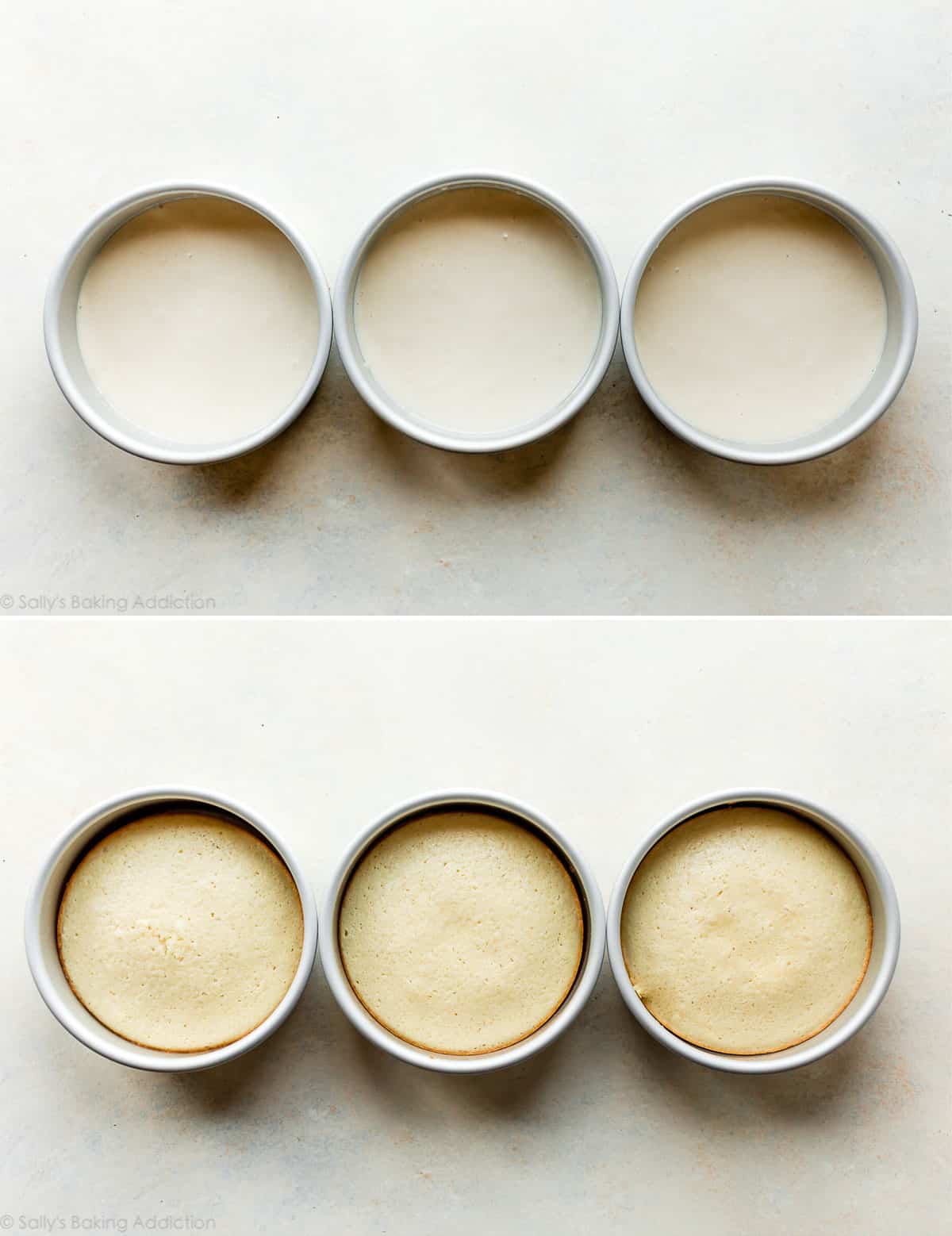 2 images of cake batter in 6 inch cake pans and baked cake layers in 6 inch cake pans