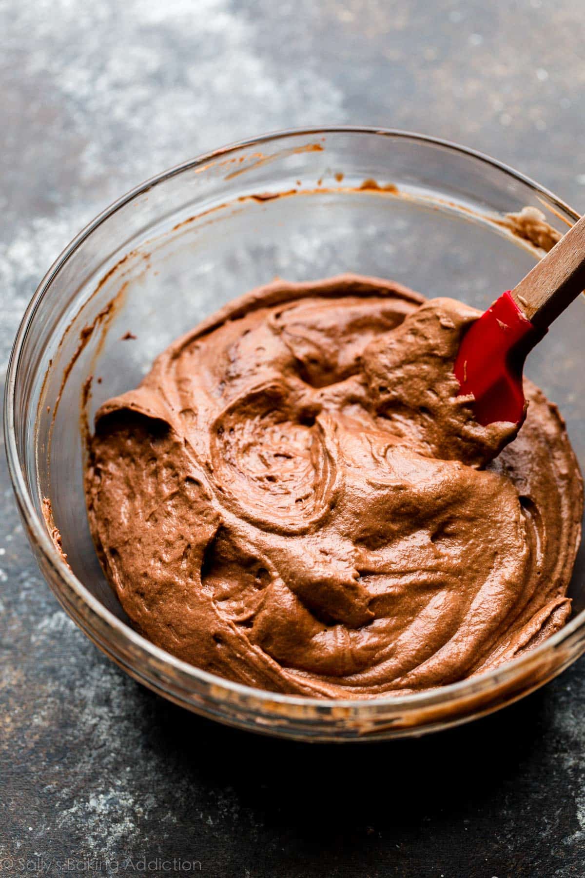 thickened chocolate batter in glass bowl