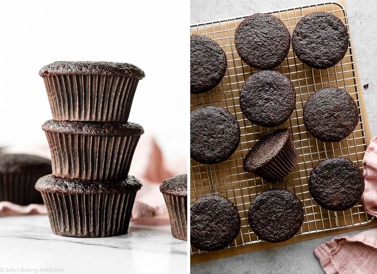 3 chocolate cupcakes stacked on top of one another and shown again cooling on wire cooling rack.