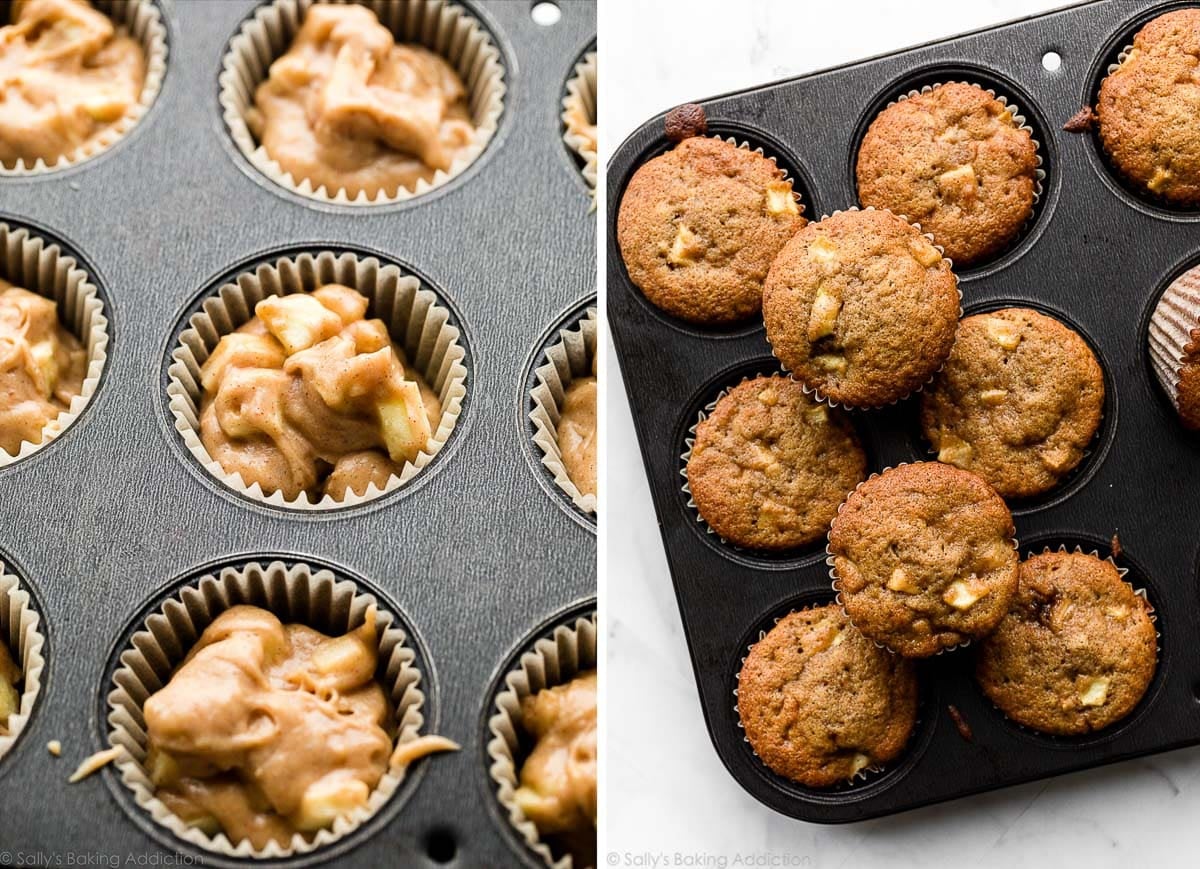 cupcakes batter in lined muffin pan and shown again baked in muffin pan.