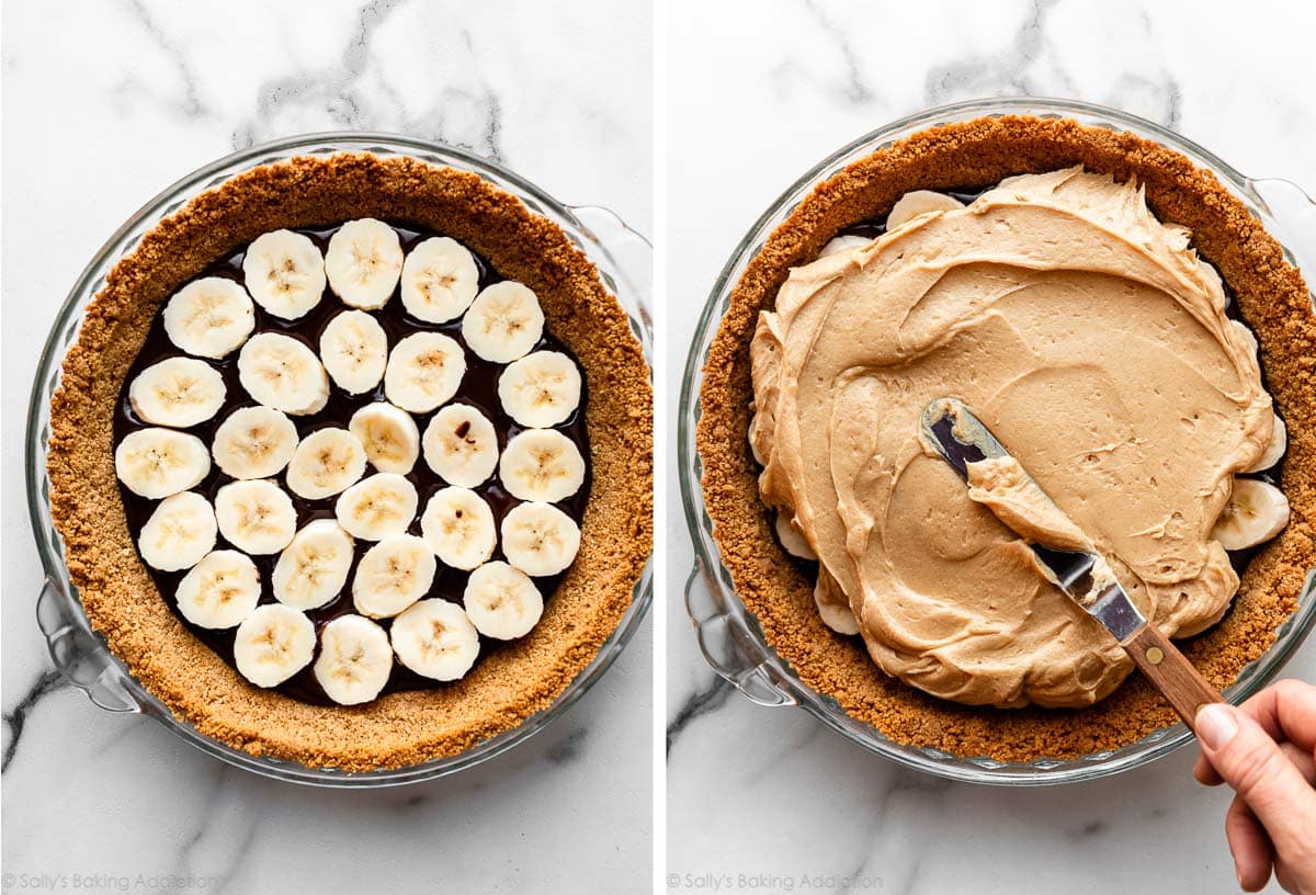 bananas layered on chocolate ganache and pictured again topped with peanut butter filling.